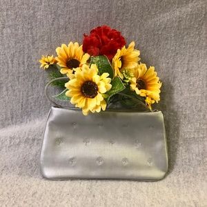 NWOT - Embroidered Silver Satin Purse